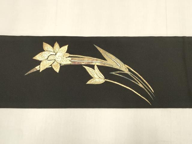 平和屋着物◎九寸名古屋帯　刺繍　草花文　黒地　金銀糸　DABK8107ar