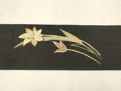 平和屋着物◎九寸名古屋帯　刺繍　草花文　黒地　金銀糸　DABK8107ar