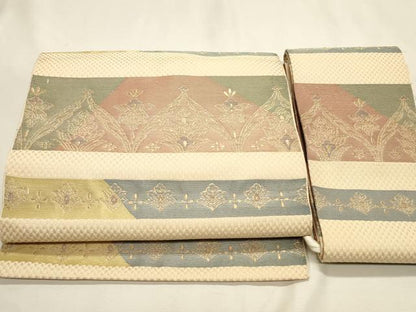平和屋着物◎つけ帯　横段更紗花文　金糸　正絹　逸品　DABK8115ar