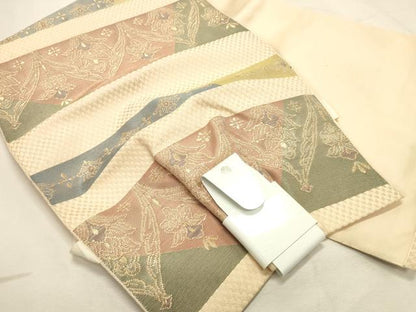 平和屋着物◎つけ帯　横段更紗花文　金糸　正絹　逸品　DABK8115ar