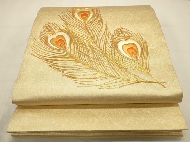 平和屋着物◎太鼓柄　九寸開き名古屋帯　総刺繍　駒刺繍　孔雀羽文　金糸　正絹　逸品　DABK8119ar
