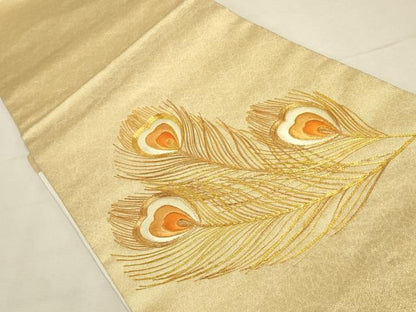 平和屋着物◎太鼓柄　九寸開き名古屋帯　総刺繍　駒刺繍　孔雀羽文　金糸　正絹　逸品　DABK8119ar