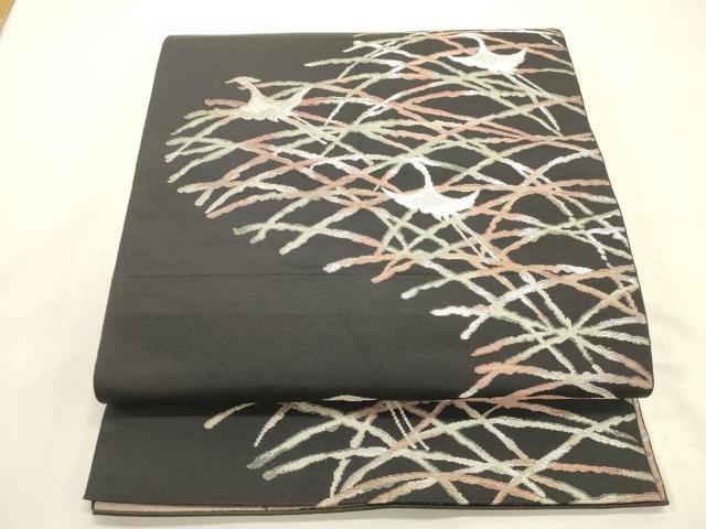 平和屋着物◎八寸名古屋帯　飛鳥芝文　黒地　銀糸　三越扱い　正絹　逸品　DABK8124ar