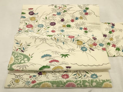 平和屋着物◎九寸名古屋帯　手描き　絞り　霞草花文　正絹　逸品　DABK8130ar