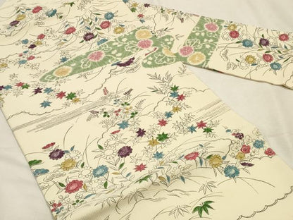 平和屋着物◎九寸名古屋帯　手描き　絞り　霞草花文　正絹　逸品　DABK8130ar