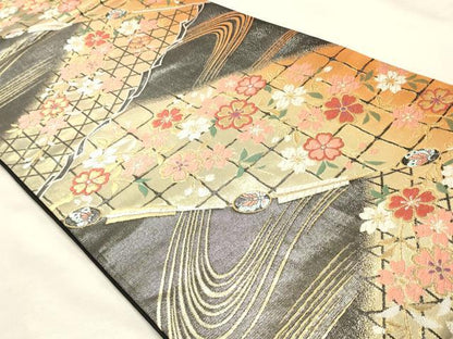 平和屋着物◎六通柄袋帯　唐織　草花文　金銀糸　正絹　逸品　DABK8142ar