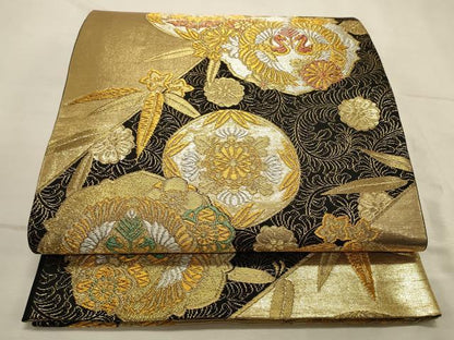 平和屋着物◎六通柄袋帯　向かい鳥花文　黒地　金銀糸　鈴乃屋扱い　正絹　逸品　DABK8146ar