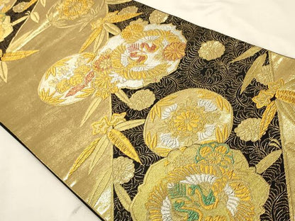 平和屋着物◎六通柄袋帯　向かい鳥花文　黒地　金銀糸　鈴乃屋扱い　正絹　逸品　DABK8146ar