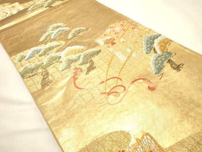 平和屋着物◎六通柄袋帯　唐織　御所車松文　金糸　引箔　正絹　逸品　DABK8149ar