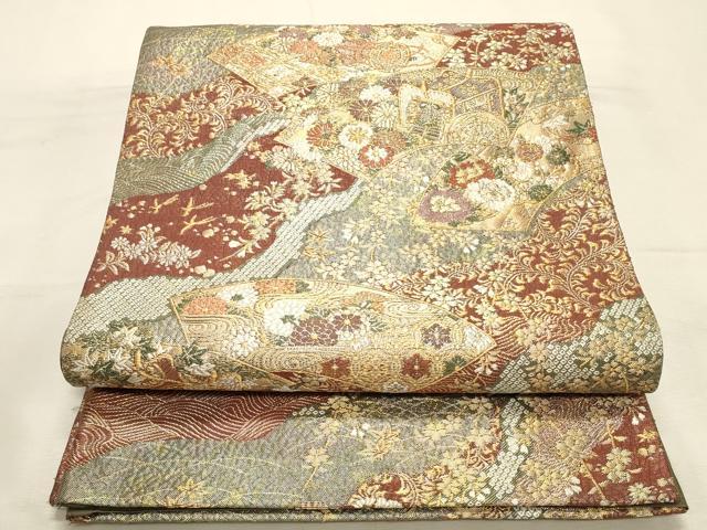 平和屋着物◎六通柄袋帯　唐織　御所車地紙花文　金銀糸　正絹　逸品　DABK8151ar