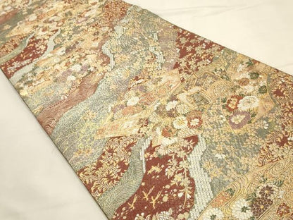 平和屋着物◎六通柄袋帯　唐織　御所車地紙花文　金銀糸　正絹　逸品　DABK8151ar