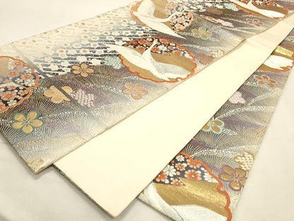 平和屋着物◎六通柄袋帯　唐織　雪輪飛鶴花文　金銀糸　正絹　逸品　DABK8156ar