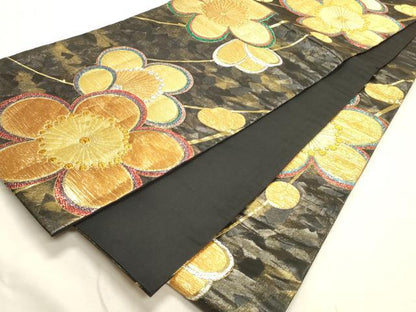 平和屋着物◎六通柄袋帯　舞梅文　黒地　金銀糸　正絹　逸品　DABK8157ar