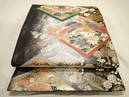 平和屋着物◎六通柄袋帯　唐織　鳳凰花菱文　黒地　金銀糸　正絹　逸品　DABK8164ar