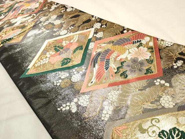 平和屋着物◎六通柄袋帯　唐織　鳳凰花菱文　黒地　金銀糸　正絹　逸品　DABK8164ar