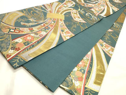 平和屋着物◎全通柄袋帯　唐織　束ね熨斗花文　金銀糸　正絹　逸品　DABK8165ar