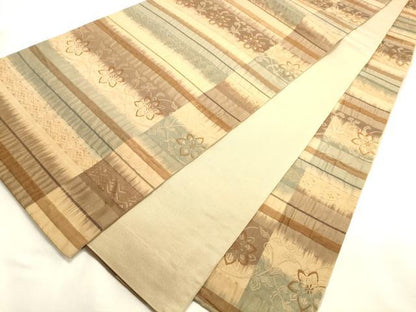 平和屋着物◎西陣　全通柄袋帯　ふくれ織　横段花文　金糸　正絹　逸品　DABK8170ar
