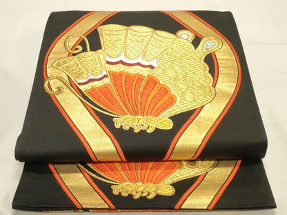 平和屋着物◎六通柄袋帯　唐織　立涌舞蝶文　黒地　金銀糸　正絹　逸品　DABK8177ar