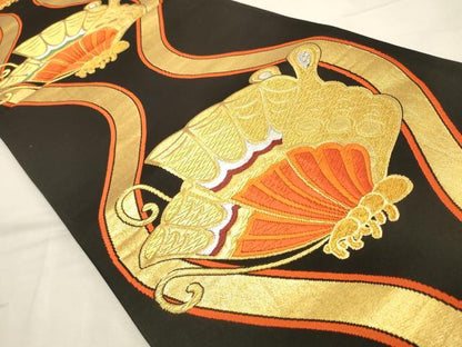 平和屋着物◎六通柄袋帯　唐織　立涌舞蝶文　黒地　金銀糸　正絹　逸品　DABK8177ar