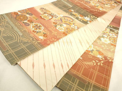 平和屋着物◎両面　六通柄袋帯　唐織　舞蝶花丸文　金糸　正絹　逸品　DABK8189ar