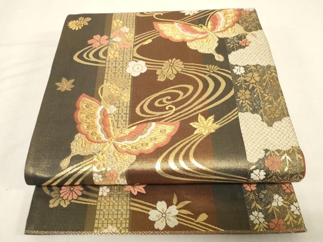 平和屋着物◎六通柄袋帯　唐織　流水舞蝶花文　金糸　正絹　逸品　DABK8200ar