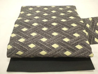 平和屋着物◎全通柄九寸名古屋帯　菱文　黒地　鬼しぼ縮緬　正絹　逸品　DABK8231ar