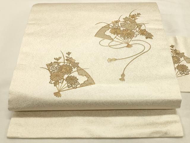 平和屋着物◎中国三大刺繍　スワトウ刺繍　汕頭刺繍　総刺繍　九寸名古屋帯　扇面花文　金糸　正絹　逸品　DABK8235ar