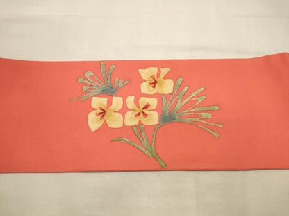 平和屋着物◎九寸名古屋帯　ろうけつ染め　草花文　正絹　逸品　DABK8240ar