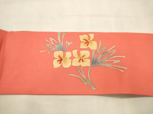 平和屋着物◎九寸名古屋帯　ろうけつ染め　草花文　正絹　逸品　DABK8240ar