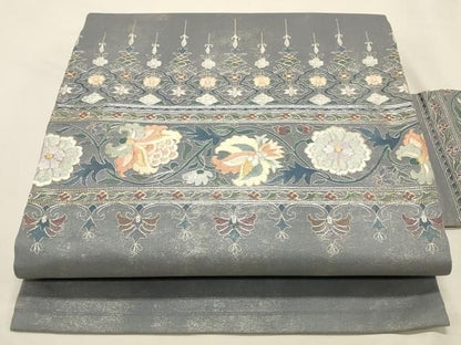 平和屋着物◎九寸名古屋帯　駒刺繍　総刺繍　横段更紗花唐草文　金銀糸　正絹　逸品　DABK8246ar