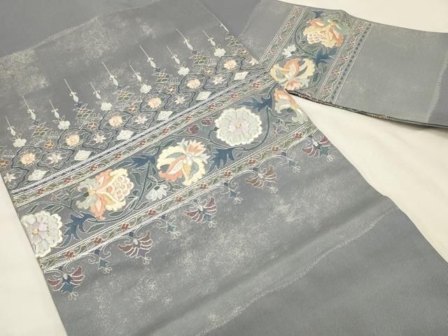 平和屋着物◎九寸名古屋帯　駒刺繍　総刺繍　横段更紗花唐草文　金銀糸　正絹　逸品　DABK8246ar