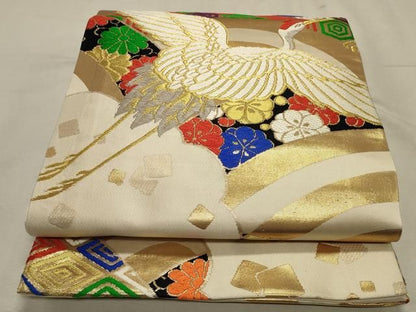 平和屋着物◎全通柄袋帯　唐織　飛鶴花文　金糸　正絹　逸品　DABK8252ar