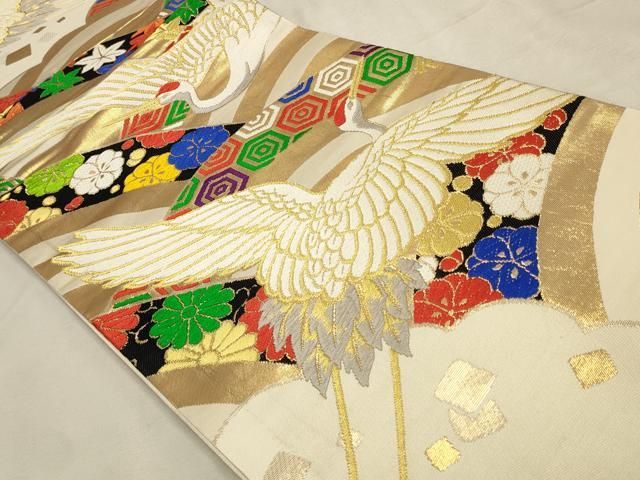 平和屋着物◎全通柄袋帯　唐織　飛鶴花文　金糸　正絹　逸品　DABK8252ar