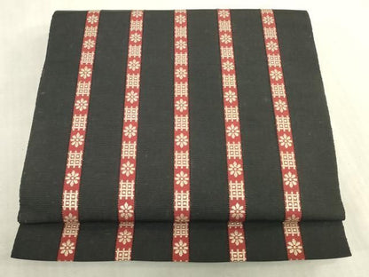 平和屋着物◎本場筑前博多織　八寸名古屋帯　花間道　黒地　正絹　逸品　DABK8258ar