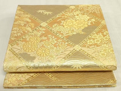 平和屋着物◎佐賀錦　六通柄袋帯　天井草花文　金糸　正絹　逸品　DABK8263ar