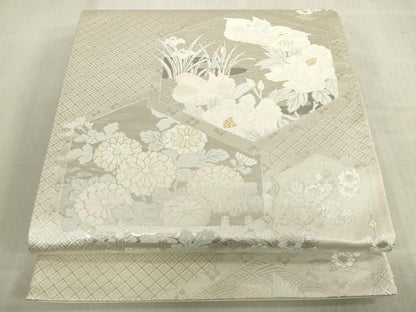 平和屋着物◎六通柄袋帯　唐織　亀甲鴛鴦花文　プラチナ箔　正絹　逸品　DABK8281ar