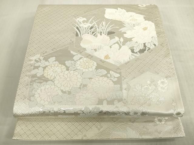 平和屋着物◎六通柄袋帯　唐織　亀甲鴛鴦花文　プラチナ箔　正絹　逸品　DABK8281ar