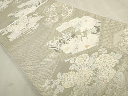 平和屋着物◎六通柄袋帯　唐織　亀甲鴛鴦花文　プラチナ箔　正絹　逸品　DABK8281ar