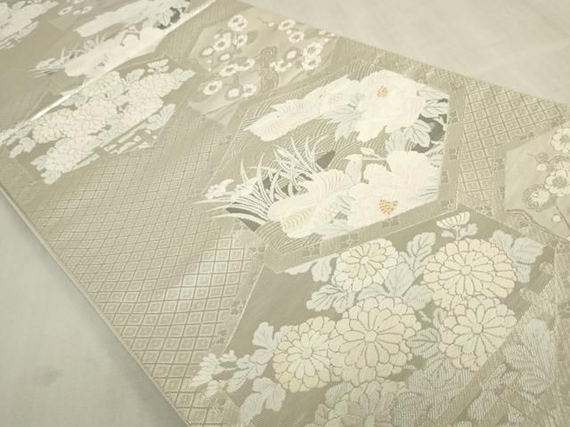平和屋着物◎六通柄袋帯　唐織　亀甲鴛鴦花文　プラチナ箔　正絹　逸品　DABK8281ar