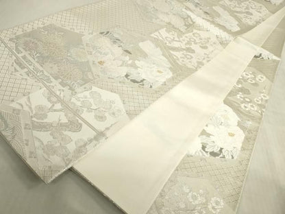 平和屋着物◎六通柄袋帯　唐織　亀甲鴛鴦花文　プラチナ箔　正絹　逸品　DABK8281ar