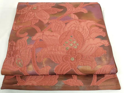 平和屋着物◎六通柄袋帯　ふくれ織　更紗花唐草文　金糸　引箔　正絹　逸品　DABK8521cm