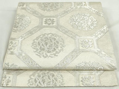 平和屋着物◎六通柄袋帯　蜀江花文　銀糸　正絹　逸品　DABK8526cm