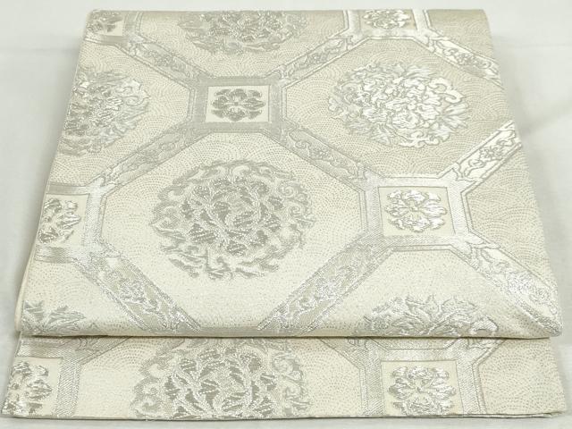 平和屋着物◎六通柄袋帯　蜀江花文　銀糸　正絹　逸品　DABK8526cm