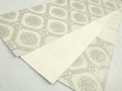 平和屋着物◎六通柄袋帯　蜀江花文　銀糸　正絹　逸品　DABK8526cm
