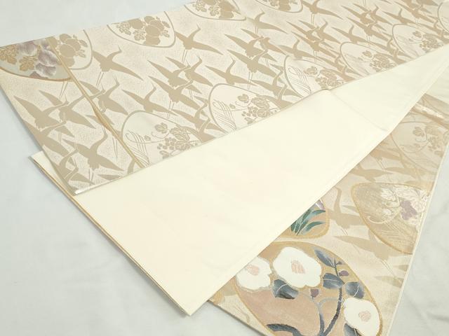 平和屋着物◎太鼓柄袋帯　飛鶴花文　鴛鴦　金銀糸　正絹　逸品　DABK8527cm