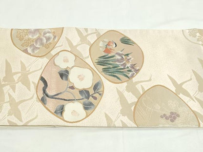 平和屋着物◎太鼓柄袋帯　飛鶴花文　鴛鴦　金銀糸　正絹　逸品　DABK8527cm
