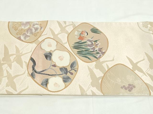 平和屋着物◎太鼓柄袋帯　飛鶴花文　鴛鴦　金銀糸　正絹　逸品　DABK8527cm