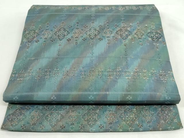 平和屋着物◎全通柄袋帯　ふくれ織　横段花文　金糸　正絹　逸品　DABK8529cm