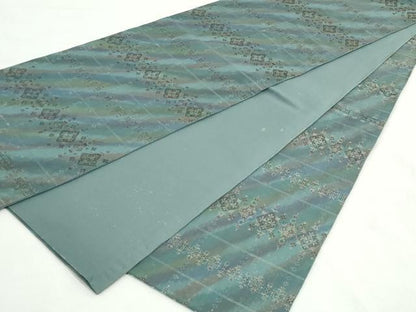 平和屋着物◎全通柄袋帯　ふくれ織　横段花文　金糸　正絹　逸品　DABK8529cm