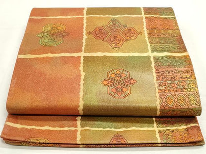 平和屋着物◎六通柄袋帯　格子花文　引箔　正絹　逸品　DABK8538cm